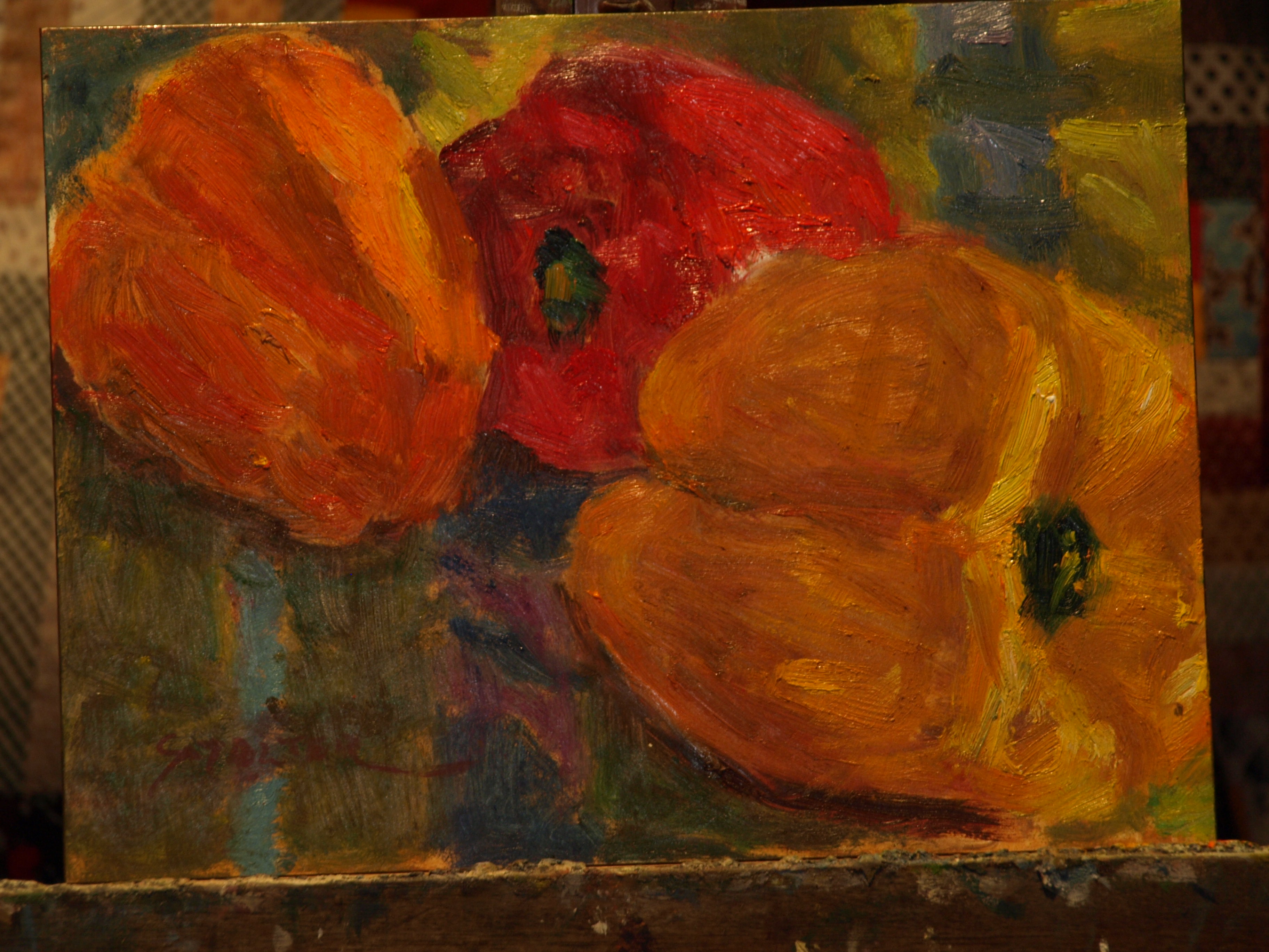 Three Peppers, Oil on Canvas on Panel, 9 x 12 Inches, by Richard Stalter, $225
