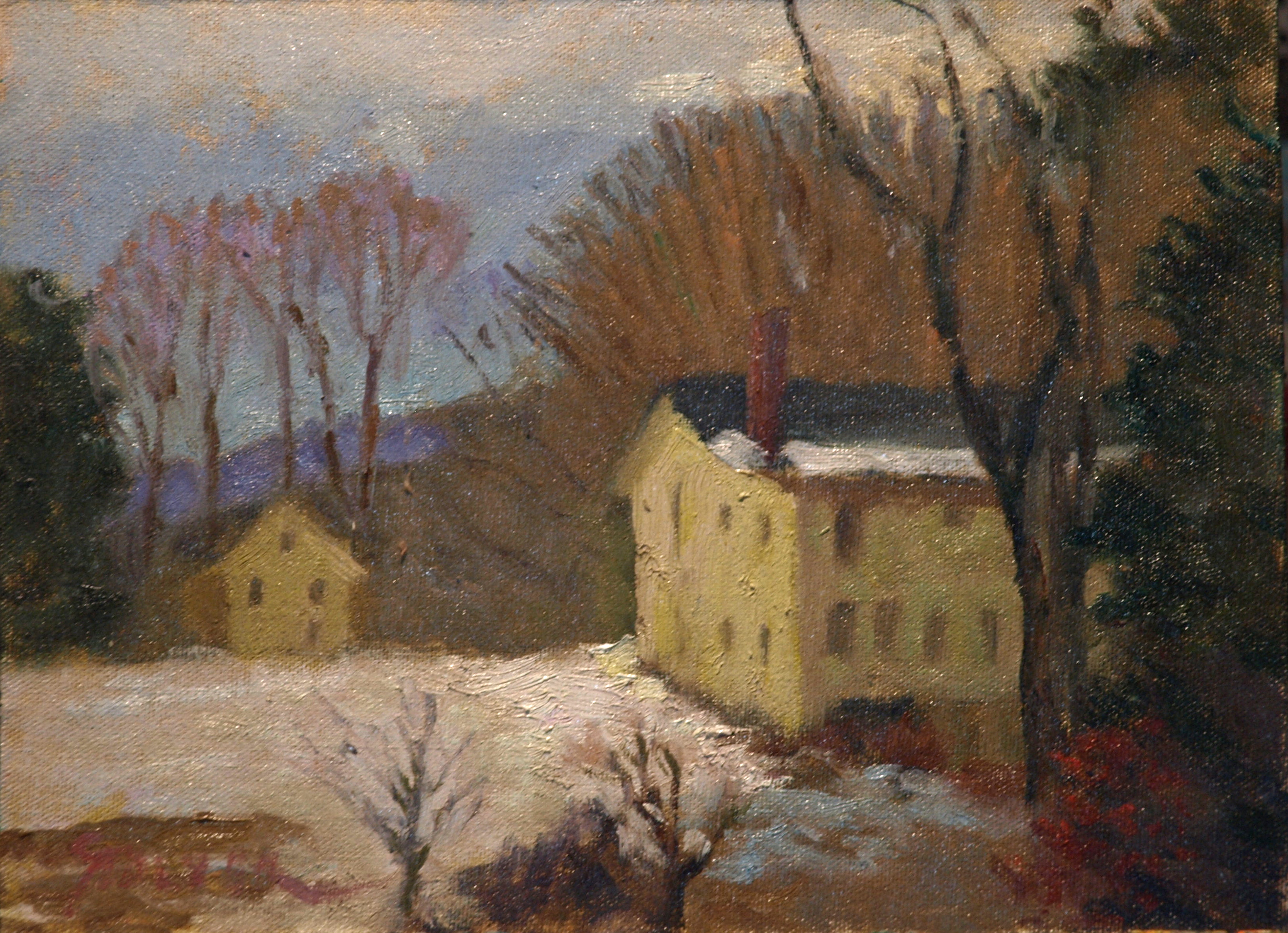 Yellow Buildings in Snow, Oil on Canvas on Panel, 9 x 12 Inches, by Richard Stalter, $225