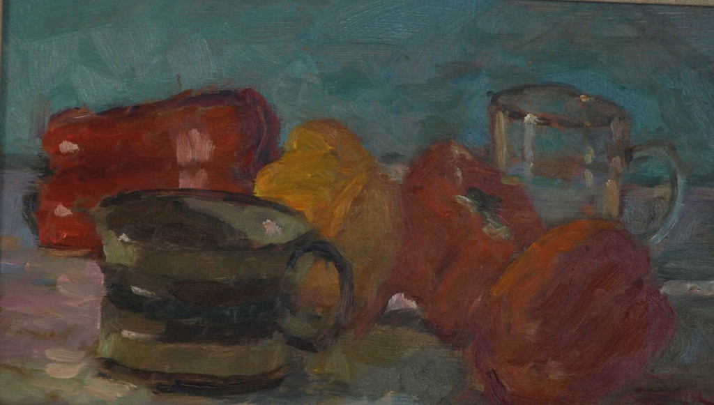 Still Life - Peppers and Cup, Oil on Panel, 8 x 14 Inches, by Richard Stalter, $225