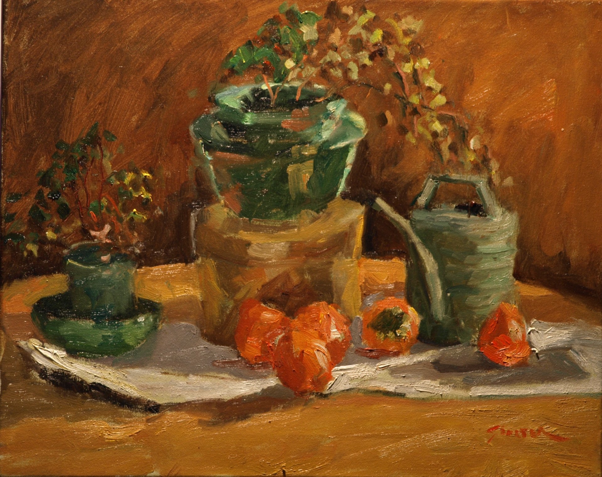 Still Life with Persimmons, Oil on Canvas, 16 x 20 Inches, by Richard Stalter, $425