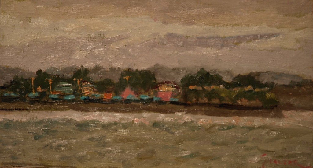 View from the Pier, Oil on Panel, 8 x 14 Inches, by Richard Stalter, $225