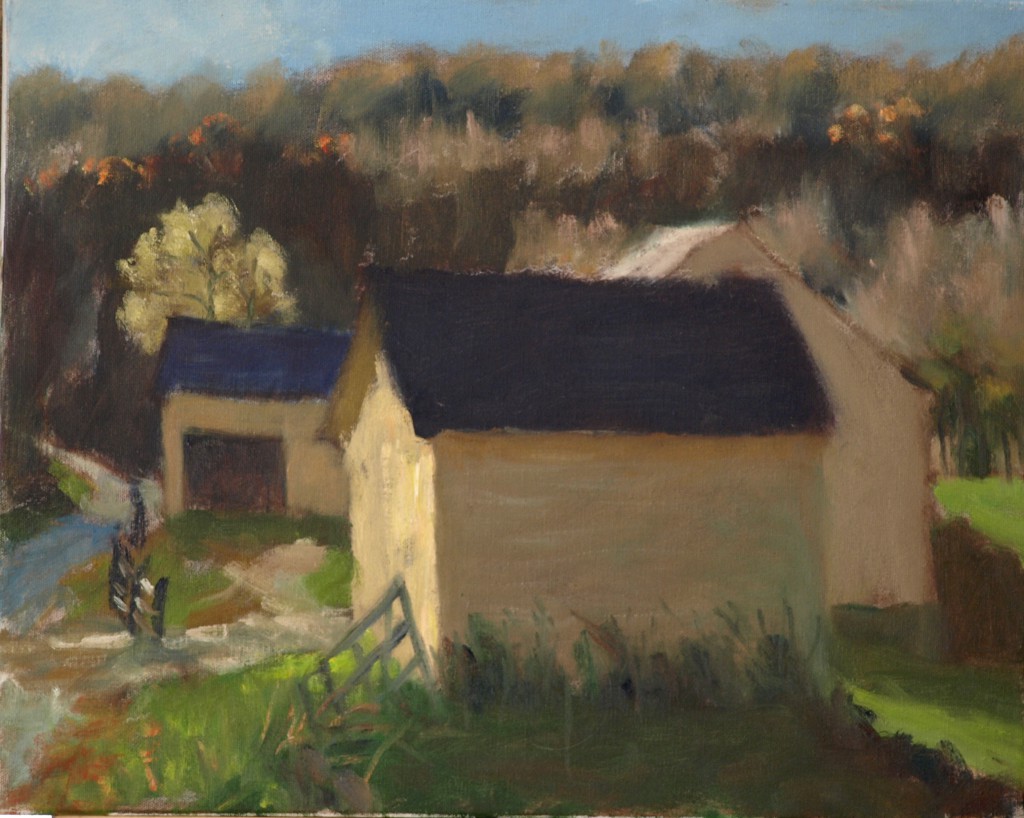 Yellow Barns - Sunset Light, Oil on Canvas, 16 x 20 Inches, by Richard Stalter, $425